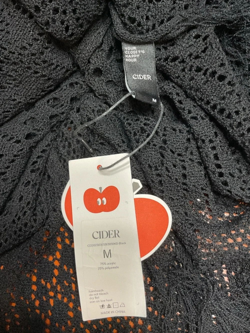 Cider Black Crochet Open Knit Maxi Dress Long Flare Slv., Fringe Hem Size M NWT - Picture 13 of 13